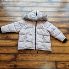 Load image into Gallery viewer, River Island soft grey padded puffer jacket with faux fur hood L
