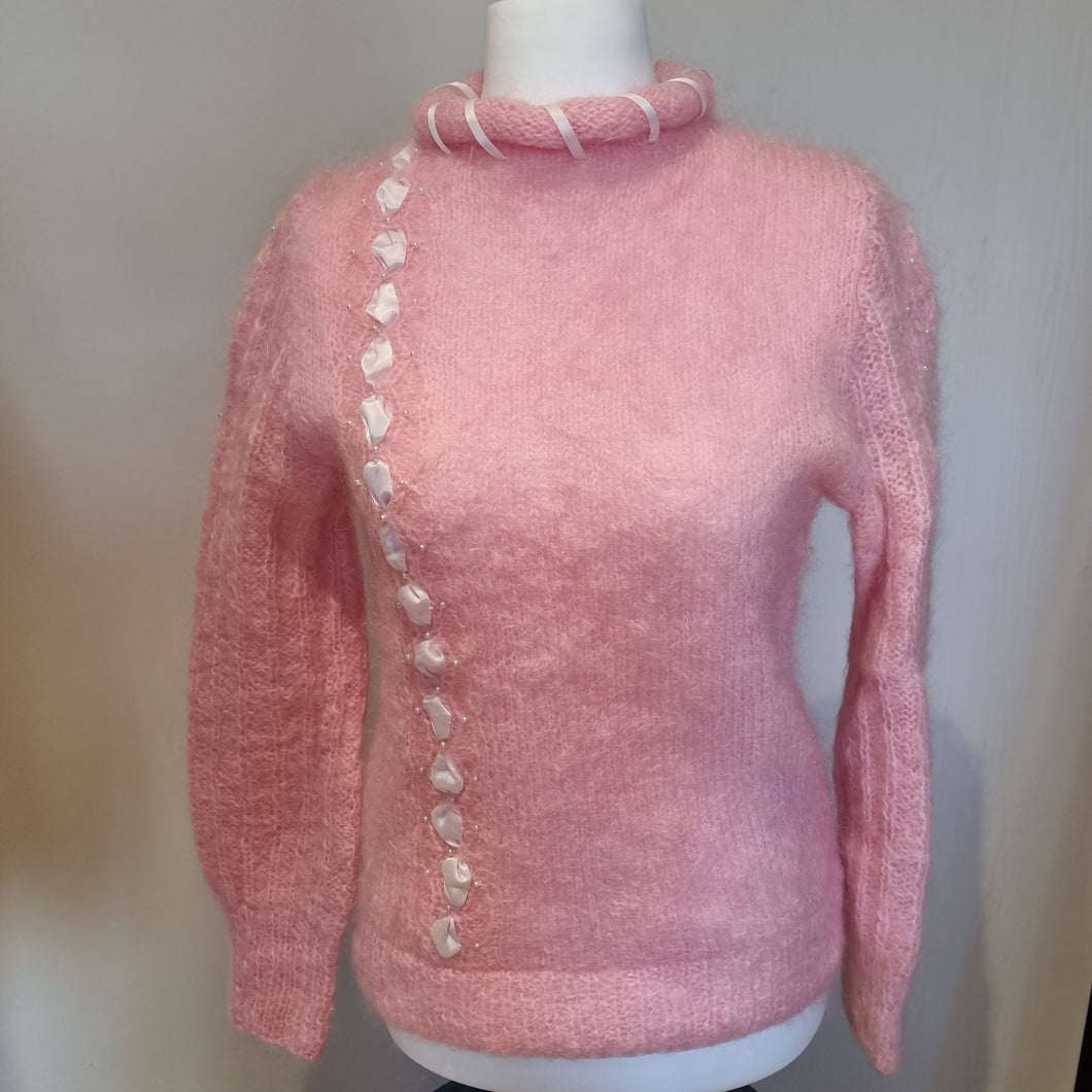 Vintage Mohair pink ribbon & pearl jumper 6-10