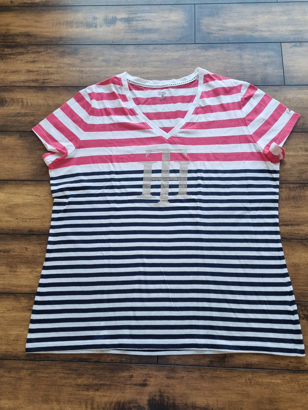 Tommy Hilfiger Cotton Blend Y2K Rhinestone Striped Ladies T shirt XXL