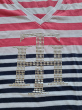 Load image into Gallery viewer, Tommy Hilfiger Cotton Blend Y2K Rhinestone Striped Ladies T shirt XXL
