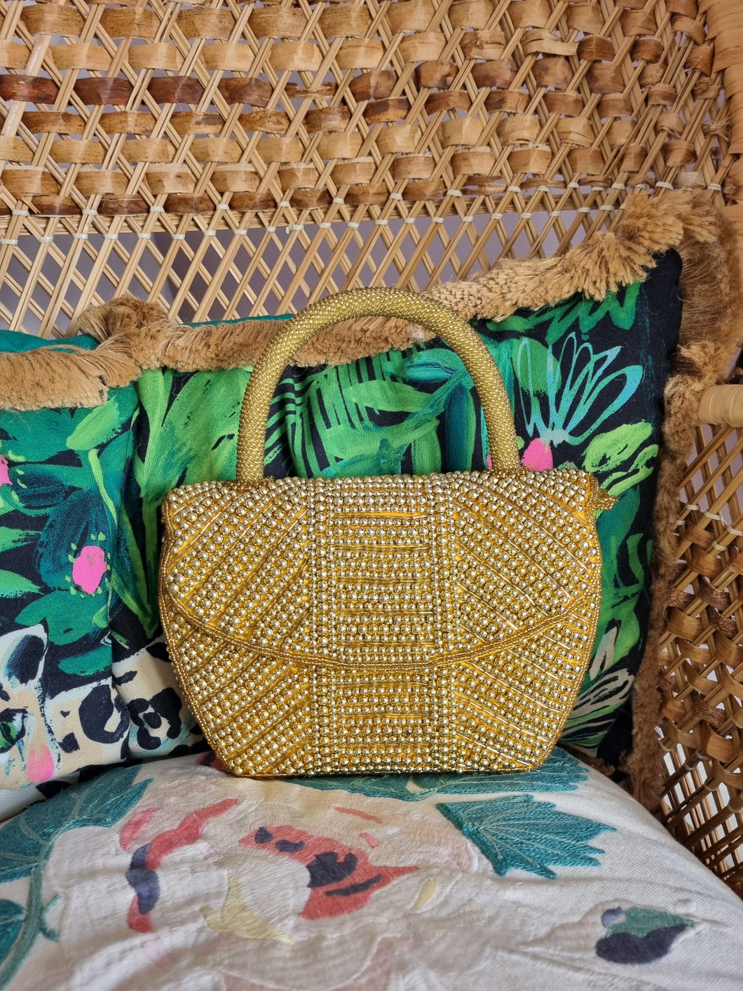 Gold fully beaded embellished evening crossbody bag