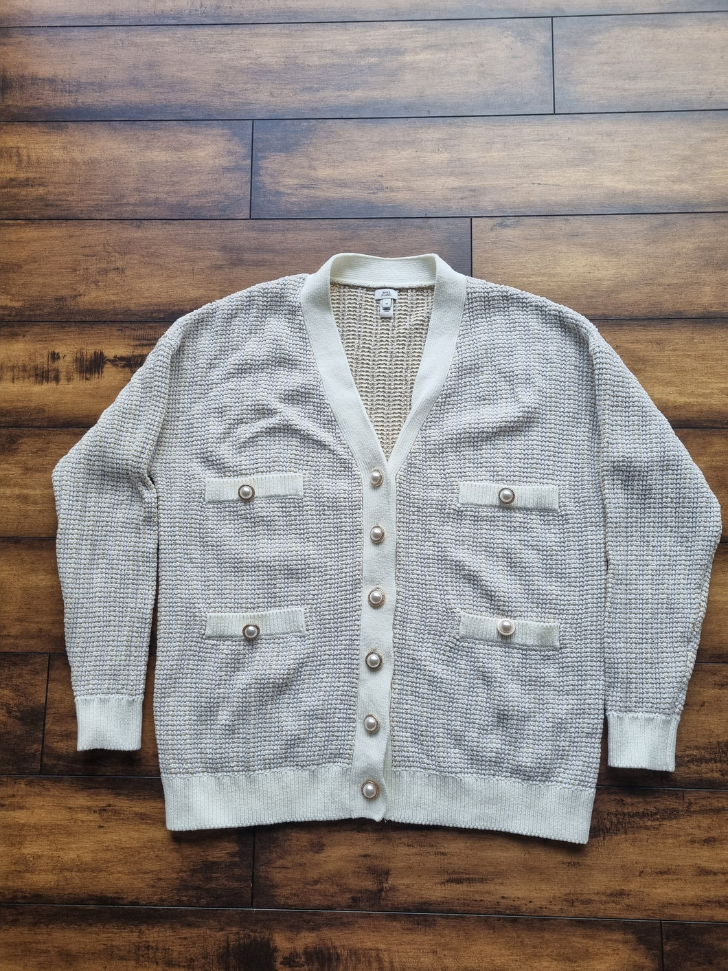River Island Cream Gold Woven Knitted Pearl Button Ladies Cardigan M