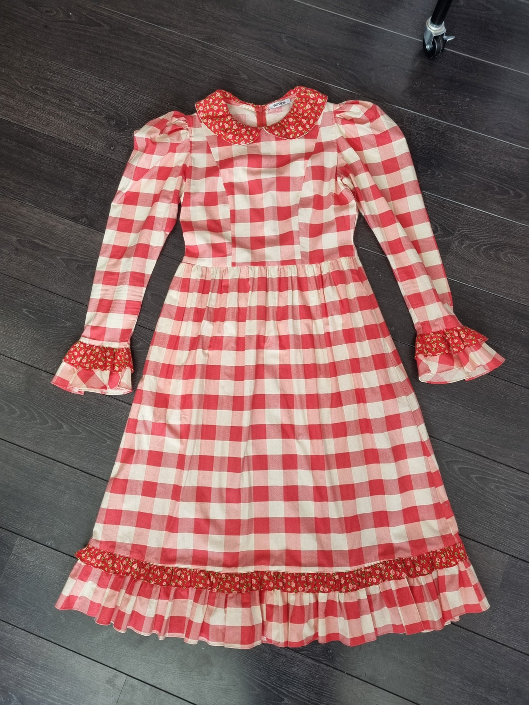 Batsheva Red Gingham Midi Prairie Floral Ruffle Collar Cotton Dress 8
