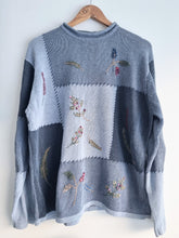 Load image into Gallery viewer, Blue Patchwork Embroidered Vintage Knit Ladies Jumper XL
