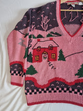 Load image into Gallery viewer, Vintage Pink Red House Scene Cottage Core Handknitted Ladies Jumper XL
