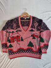 Load image into Gallery viewer, Vintage Pink Red House Scene Cottage Core Handknitted Ladies Jumper XL
