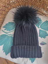 Load image into Gallery viewer, Black Real Fur Pom Pom Knitted Hat
